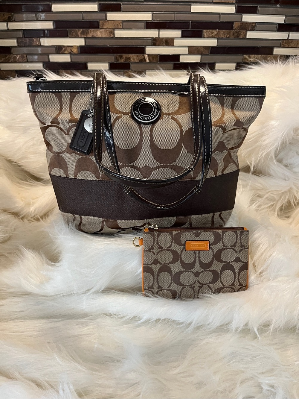 Coach Brown Signature Canvas Tote with Dark Brown Trim and Orange-Trim Wristlet
